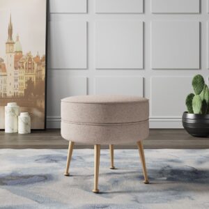 Manhattan Comfort Bailey Mid-Century Modern Woven Polyester Blend Upholstered Ottoman in Oatmeal  with Gold Feet