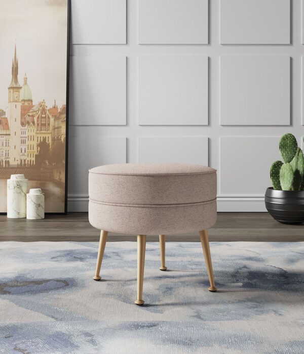 Manhattan Comfort Bailey Mid-Century Modern Woven Polyester Blend Upholstered Ottoman in Oatmeal  with Gold Feet