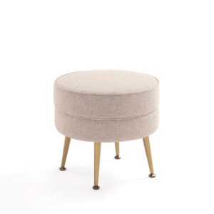 Manhattan Comfort Bailey Mid-Century Modern Woven Polyester Blend Upholstered Ottoman in Oatmeal  with Gold Feet