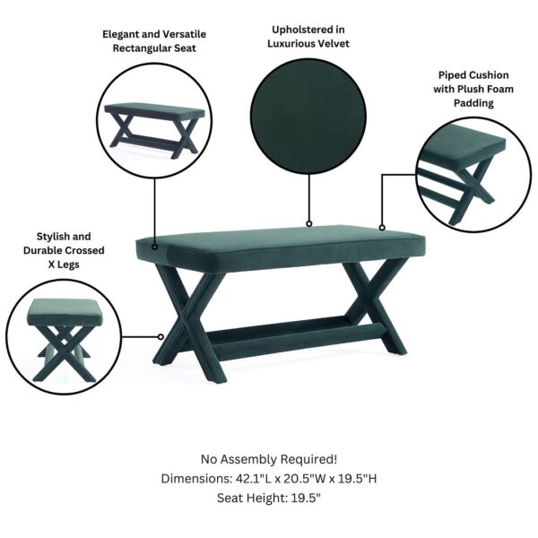 Manhattan Comfort Abigail Mid-Century Modern Velvet Upholstered Bench in Green