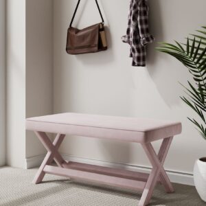 Manhattan Comfort Abigail Mid-Century Modern Velvet Upholstered Bench in Pink