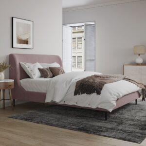 Manhattan Comfort Heather Queen Bed in Velvet Blush and Black Legs