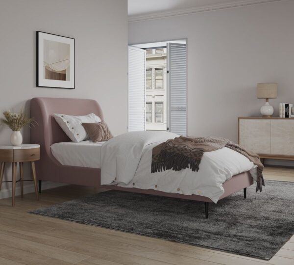 Manhattan Comfort Heather Velvet Twin Bed in Blush with Black Legs