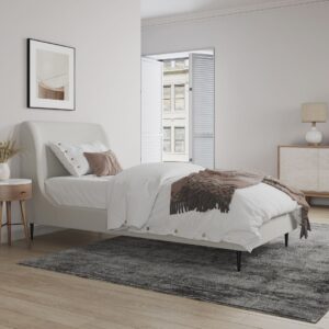 Manhattan Comfort Heather Velvet Twin Bed in Cream with Black Legs