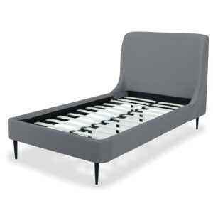 Manhattan Comfort Heather Velvet Twin Bed in Grey with Black Legs