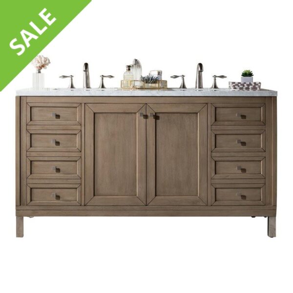 James Martin 305-V60D-WWW-3AF Chicago 60 Inch Whitewashed Walnut Double Vanity with 3 cm Arctic Fall Solid Surface Top