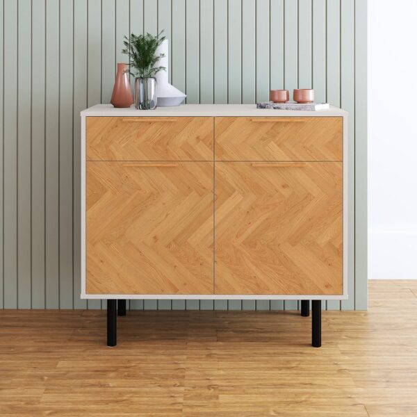 Manhattan Comfort Mid-Century Modern Liam Sideboard with 4 Shelves in White and Wood