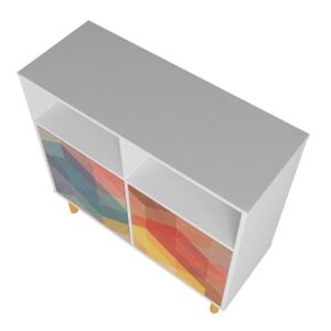 Manhattan Comfort Mid-Century Modern Retro Sideboard with 6 Shelves in White and Multi Color Red, Yellow, Blue Print