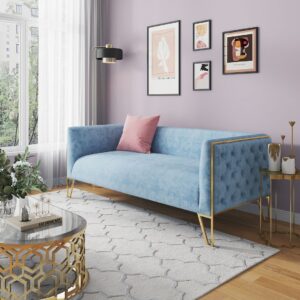 Manhattan Comfort Vector 81.5 in. Ocean Blue and Gold Velvet 3-Seat Sofa