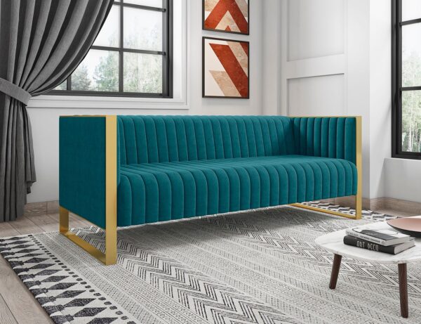 Manhattan Comfort Trillium 83.07 in. Aqua Blue and Gold 3-Seat Sofa