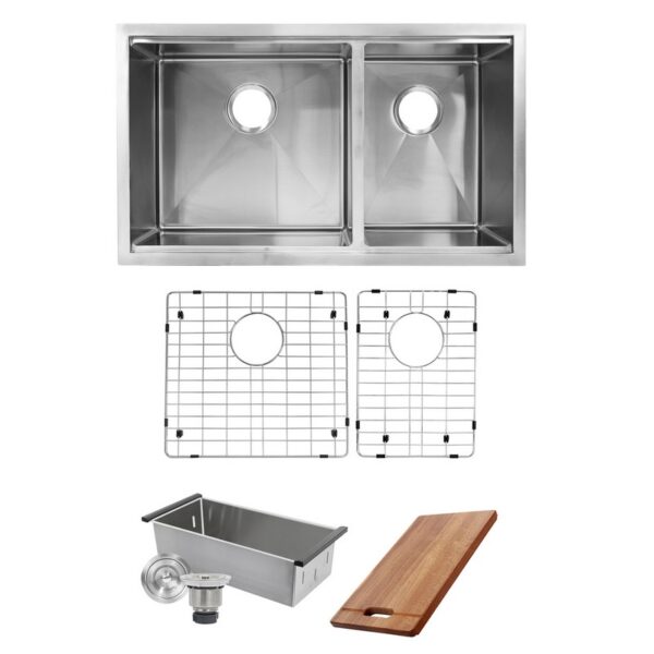 Nantucket SR-PS-3219-OS-16 Pro Series 60/40 Offset Double Bowl Prep Station Small Radius Undermount Stainless Sink with Accessories