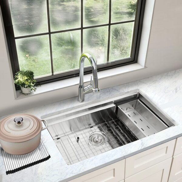 Nantucket Sinks SR-PS-3620-16 36 Inch Pro Series Large Prep Station Single Bowl Undermount Stainless Steel Kitchen Sink with Compatible Accessories