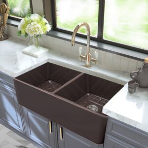 Nantucket Sinks T-FCFS33CB-DBL 33 Inch Double Bowl Coffee Brown Farmhouse Fireclay Kitchen Sink