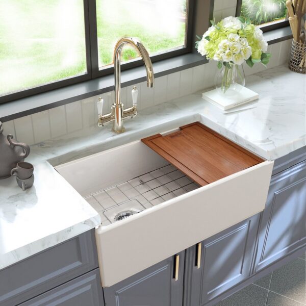 Nantucket Sinks T-PS30W 30 Inch Workstation Fireclay Apron Sink Side Drain in White