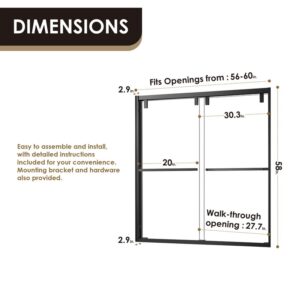 Altair TS80260-BP-MB Caspar 60 x 58 Inch By Pass Semi Frameless Tub Door with Clear Glass - Matte Black