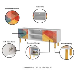 Manhattan Comfort Mid-Century Modern Retro 57.87 TV Stand with 4 Shelves in White and Multi Color Red, Yellow, Blue Print
