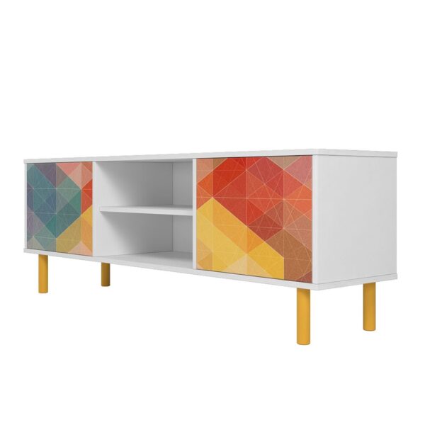 Manhattan Comfort Mid-Century Modern Retro 57.87 TV Stand with 4 Shelves in White and Multi Color Red, Yellow, Blue Print