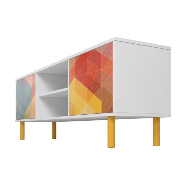 Manhattan Comfort Mid-Century Modern Retro 57.87 TV Stand with 4 Shelves in White and Multi Color Red, Yellow, Blue Print