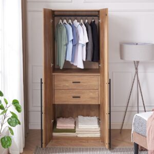 Manhattan Comfort Lee Modern Freestanding Wardrobe Closet 2.0 with 1 Hanging Rod, 1 Shelf, and 2 Drawers in Golden Brown