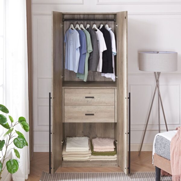 Manhattan Comfort Lee Modern Freestanding Wardrobe Closet 2.0 with 1 Hanging Rod, 1 Shelf, and 2 Drawers in Rustic Grey