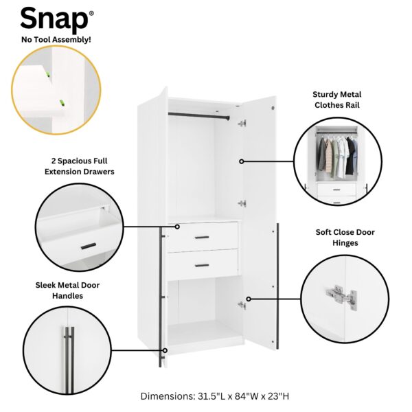 Manhattan Comfort Lee Modern Freestanding Wardrobe Closet 2.0 with 1 Hanging Rod, 1 Shelf, and 2 Drawers in White