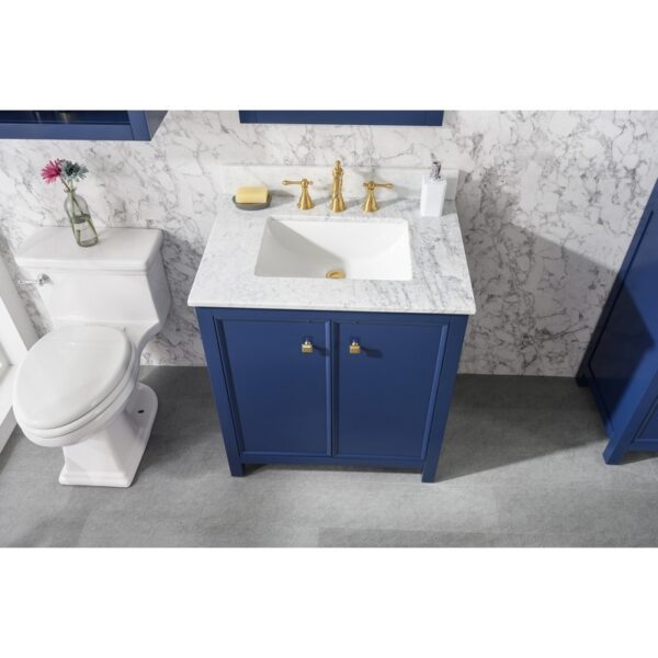 Legion Furniture WLF2130-B 30 Inch Blue Finish Sink Vanity Cabinet with Carrara White Top