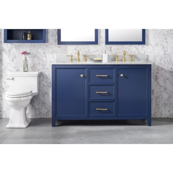 Legion Furniture WLF2154-B 54 Inch Blue Finish Double Sink Vanity Cabinet with Carrara White Top