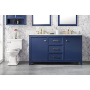 Legion Furniture WLF2160D-B 60 Inch Blue Finish Double Sink Vanity Cabinet with Carrara White Top