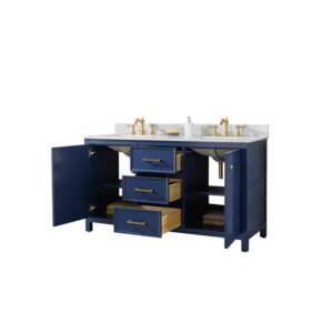 Legion Furniture WLF2160D-B 60 Inch Blue Finish Double Sink Vanity Cabinet with Carrara White Top