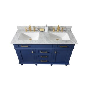 Legion Furniture WLF2254-B 54 Inch Blue Finish Double Sink Vanity Cabinet with Carrara White Top