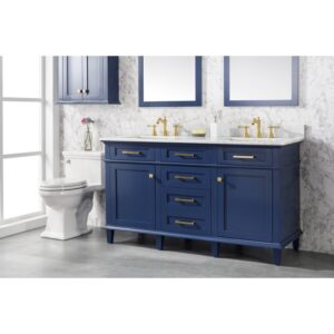 Legion Furniture WLF2260D-B 60 Inch Blue Finish Double Sink Vanity Cabinet with Carrara White Top