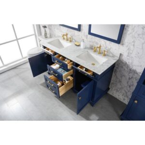 Legion Furniture WLF2260D-B 60 Inch Blue Finish Double Sink Vanity Cabinet with Carrara White Top