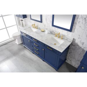 Legion Furniture WLF2272-B 72 Inch Blue Double Single Sink Vanity Cabinet with Carrara White Top