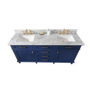 Legion Furniture WLF2272-B 72 Inch Blue Double Single Sink Vanity Cabinet with Carrara White Top