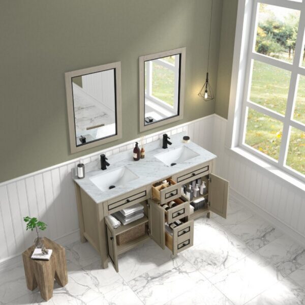 Legion Furniture WV2260 60 Inch Freestanding Double Sink Bathroom Vanity with Carrara White Marble Top