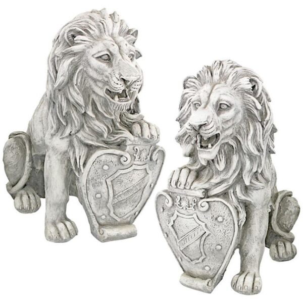 Design Toscano LY937288 9 Inch Classic Lions with Shields Sentry Statues, Set of 2